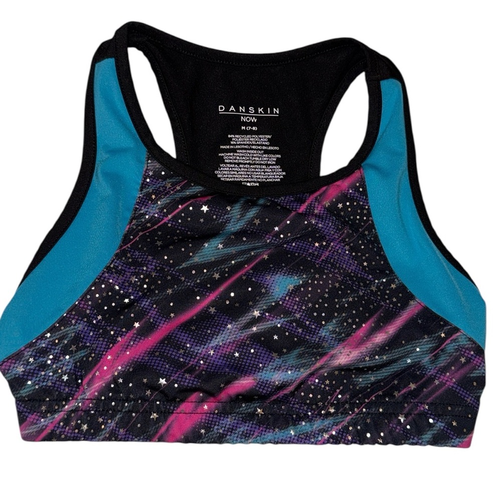 Danskin Now Girls M 7-8 Galaxy Space Stars Print Racerback Sports Bra Dance Top